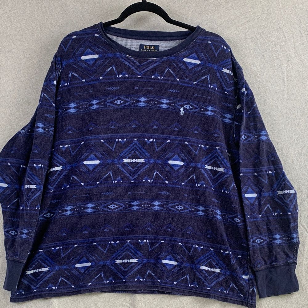 POLO RALPH LAUREN | 2XL MEN'S VTG AZTEC PATTERN LONG SLEEVE SHIRT | BLUE WHITE